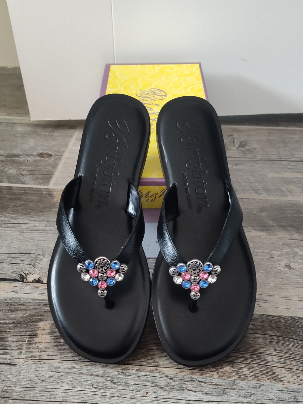 Brighton Black Jeweled Toe-Post Sandals with Pink & Blue Accents